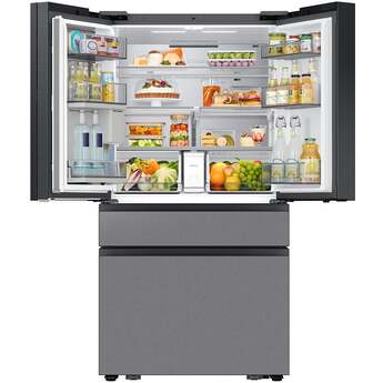Samsung 36 Inch Smart 4-Door French Door Refrigerator with 28.6 cu. ft. Capacity, Beverage Center™, FlexZone™ Drawer, Family Hub™+, Wi-Fi Enabled, Dual Ice Maker, Door Alarm, Auto Open Door, Slide-In Shelf, and ENERGY STAR® (Samsung Panels Required): Charcoal Glass / Stainless — thumbnail 8