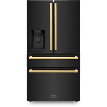 ZLINE 36 in. Autograph Edition 21.6 cu. ft 4-Door French Door Refrigerator: Black Stainless Steel With Polished Gold Square Handles