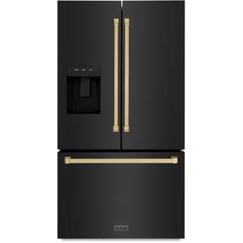 ZLINE Autograph Edition 36 in. 28.9 cu. ft. Standard-Depth French Door External Water Dispenser Refrigerator: Black Stainless Steel And Champagne Bronze Handles