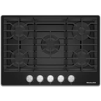 KitchenAid 30 Inch Gas Cooktop with 5 Sealed Burners, 56.2K Total BTUs, 18K BTU Central Burner, Black Glass Cooktop, Continuous Grates, Dishwasher Safe Cast-Iron Grates, Stainless Steel Knobs, LP Convertible Kit Included and ADA Compliant: Black