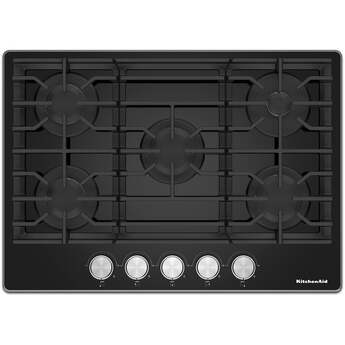 KitchenAid 36 Inch Gas Cooktop with 5 Sealed Burners, 56.2K Total BTUs, 18K BTU Central Burner, Black Glass Cooktop, Continuous Grates, Dishwasher Safe Cast-Iron Grates, Stainless Steel Knobs, LP Convertible Kit Included and ADA Compliant: Black