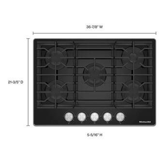 KitchenAid 36 Inch Gas Cooktop with 5 Sealed Burners, 56.2K Total BTUs, 18K BTU Central Burner, Black Glass Cooktop, Continuous Grates, Dishwasher Safe Cast-Iron Grates, Stainless Steel Knobs, LP Convertible Kit Included and ADA Compliant: Black — thumbnail 2