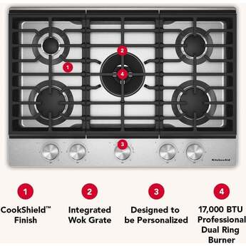 KitchenAid 30 in. Gas Cooktop with 5 Burners and Integrated Wok Grate: Black Ore — thumbnail 5