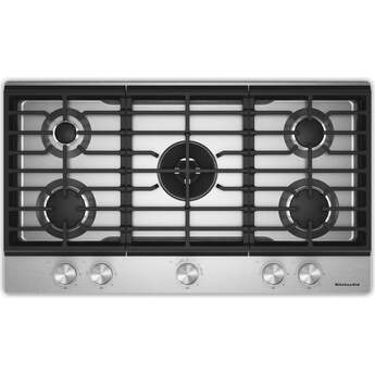 KitchenAid 36 in. Gas Cooktop with 5 Burners and Integrated Wok Grate: Stainless Steel