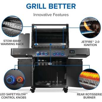 Napoleon 65 Inch Freestanding Gas Grill with 883 sq. in. Total Cooking Area, 82,000 BTU, 6 Burners, Blue LED Lights, Control Knobs, Rugged Wheels, and Rotisserie: Matte Black, Liquid Propane — thumbnail 14