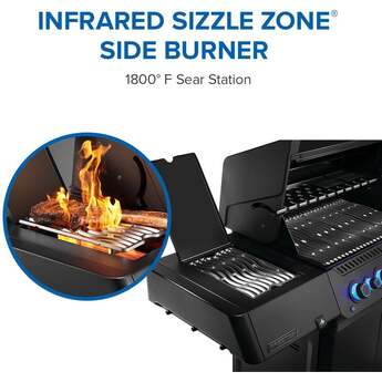 Napoleon 65 Inch Freestanding Gas Grill with 883 sq. in. Total Cooking Area, 82,000 BTU, 6 Burners, Blue LED Lights, Control Knobs, Rugged Wheels, and Rotisserie: Matte Black, Liquid Propane — thumbnail 15
