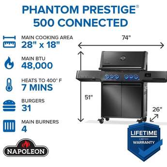 Napoleon 65 Inch Freestanding Gas Grill with 883 sq. in. Total Cooking Area, 82,000 BTU, 6 Burners, Blue LED Lights, Control Knobs, Rugged Wheels, and Rotisserie: Matte Black, Liquid Propane — thumbnail 18