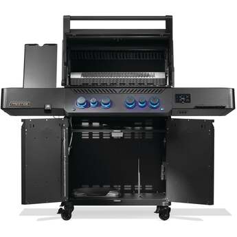 Napoleon 65 Inch Freestanding Gas Grill with 883 sq. in. Total Cooking Area, 82,000 BTU, 6 Burners, Blue LED Lights, Control Knobs, Rugged Wheels, and Rotisserie: Matte Black, Liquid Propane — thumbnail 4