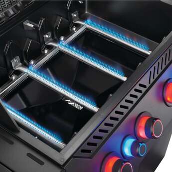 Napoleon 65 Inch Freestanding Gas Grill with 883 sq. in. Total Cooking Area, 82,000 BTU, 6 Burners, Blue LED Lights, Control Knobs, Rugged Wheels, and Rotisserie: Matte Black, Liquid Propane — thumbnail 5