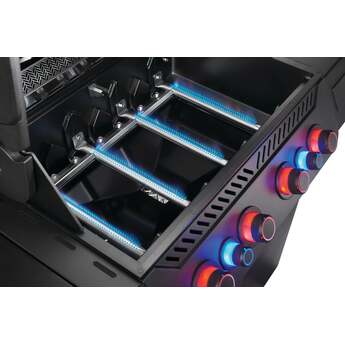 Napoleon 65 Inch Freestanding Gas Grill with 883 sq. in. Total Cooking Area, 82,000 BTU, 6 Burners, Blue LED Lights, Control Knobs, Rugged Wheels, and Rotisserie: Matte Black, Liquid Propane — thumbnail 6