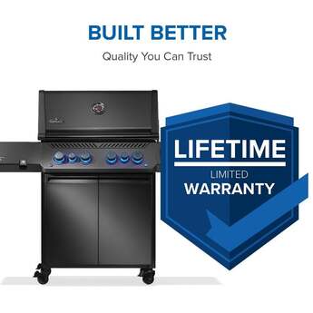Napoleon 65 Inch Freestanding Gas Grill with 883 sq. in. Total Cooking Area, 82,000 BTU, 6 Burners, Blue LED Lights, Control Knobs, Rugged Wheels, and Rotisserie: Matte Black, Liquid Propane — thumbnail 9