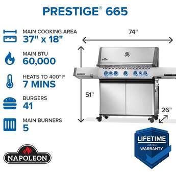 Napoleon Prestige 665 5 Burner Propane Grill With Rotisserie And Side Burner: Stainless Steel, Liquid Propane — thumbnail 2