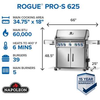 Napoleon Rogue PRO-S 625 Grill With Infrared Side And Rear Burners: Stainless Steel, Liquid Propane — thumbnail 7