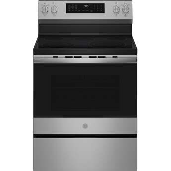 GE 30 Inch Profile Freestanding Radiant Electric Range With 5 Elements, Steam Cleaning, Storage Drawer, Convection And Energy Star Rating: Fingerprint Resistant Stainless Steel