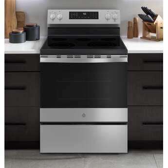 GE 30 Inch Profile Freestanding Radiant Electric Range With 5 Elements, Steam Cleaning, Storage Drawer, Convection And Energy Star Rating: Fingerprint Resistant Stainless Steel — thumbnail 4
