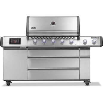 Napoleon 76 Inch Freestanding Grill with Integrated Smoker Tray, Infrared Sizzle Zone™, Infrared Rotisserie Burner, Integrated Ice Bucket & Cutting Board, Wave™ Cooking Grids, Interior Grill Lights, Lift Ease™ Lid, Night Light™ Knobs, Instant Jetfire™ Ignition, Stainless Steel Sear Plates, Accu-Probe™ Temperature Gauge and 1,140 sq. in. Cooking Area: Natural Gas
