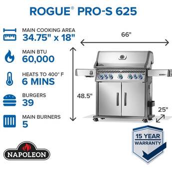 Napoleon Rogue PRO-S 625 Grill With Infrared Side And Rear Burners: Stainless Steel, Natural Gas — thumbnail 12