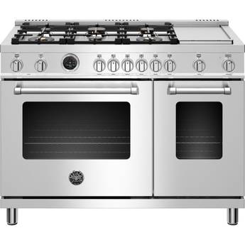 Bertazzoni Master Series 48" Stainless Steel Slide-In Dual Fuel (Liquid Propane) Sealed Burner Double Oven Range with Griddle & Self Clean - Convection