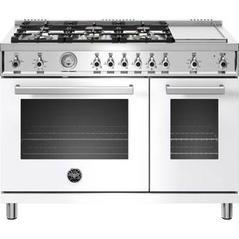 Bertazzoni Professional Series 48" Glossy White Slide-In Natural Gas Sealed Burner Double Oven Range with Griddle - Convection