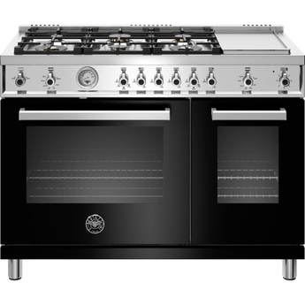 Bertazzoni Professional Series 48" Glossy Black Slide-In Natural Gas Sealed Burner Double Oven Range with Griddle - Convection