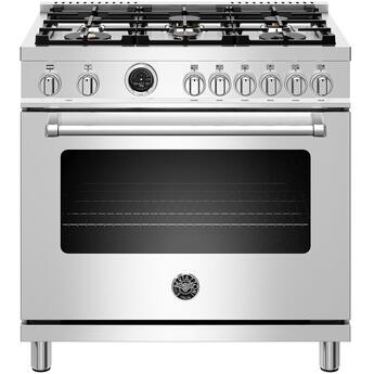 Bertazzoni Master Series 36" Stainless Steel Slide-In Dual Fuel (Natural Gas) Sealed Burner Range with Self Clean - Convection