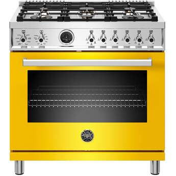 Bertazzoni Professional Series 36" Glossy Yellow Slide-In Dual Fuel (Natural Gas) Sealed Burner Range with Self Clean - Convection