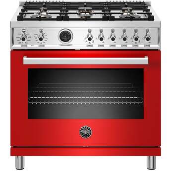 Bertazzoni Professional Series 36" Glossy Red Slide-In Dual Fuel (Natural Gas) Sealed Burner Range with Self Clean - Convection