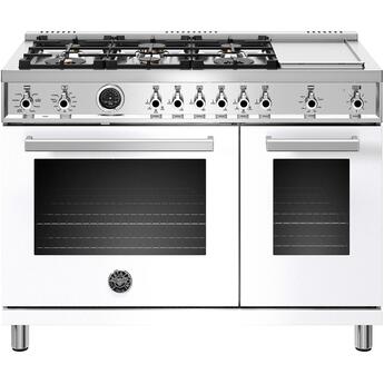 Bertazzoni Professional Series 48" Glossy White Slide-In Dual Fuel (Natural Gas) Sealed Burner Double Oven Range with Griddle & Self Clean - Convection