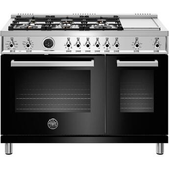 Bertazzoni Professional Series 48" Glossy Black Slide-In Dual Fuel (Natural Gas) Sealed Burner Double Oven Range with Griddle & Self Clean - Convection