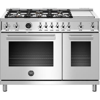 Bertazzoni Professional Series 48" Stainless Steel Slide-In Dual Fuel (Natural Gas) Sealed Burner Double Oven Range with Griddle & Self Clean - Convection