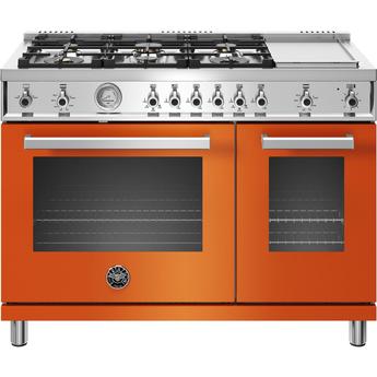 Bertazzoni Professional Series 48" Glossy Orange Slide-In Liquid Propane Sealed Burner Double Oven Range with Griddle - Convection