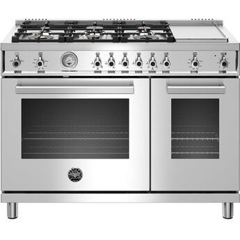 Bertazzoni Professional Series 48" Stainless Steel Slide-In Natural Gas Sealed Burner Double Oven Range with Griddle - Convection