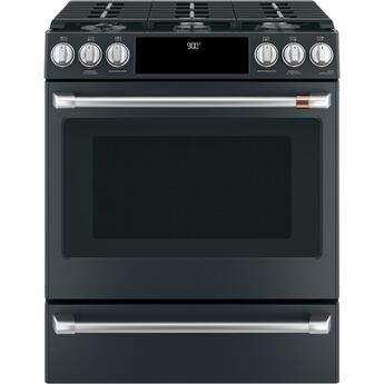 Cafe 30" Matte Black Natural Gas Dual Fuel Sealed Burner Self Cleaning Slide-In Range with Warming Drawer - Convection - ADA Compliant