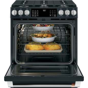 Cafe 30" Matte Black Natural Gas Dual Fuel Sealed Burner Self Cleaning Slide-In Range with Warming Drawer - Convection - ADA Compliant — thumbnail 5