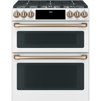 Cafe 30" Matte White Natural Gas Dual Fuel Sealed Burner Self Cleaning Slide-In Double Oven Range with Dark Gray Sides - Convection - ADA Compliant