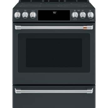 Cafe 30" Matte Black Smoothtop Self Cleaning Slide-In Range with Stainless Steel Handles- Convection - ADA Compliant