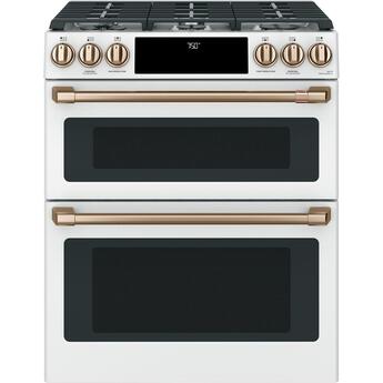 Cafe 30" Matte White Natural Gas Sealed Burner Slide-In Double Oven Range with Dark Gray Sides - Convection - ADA Compliant