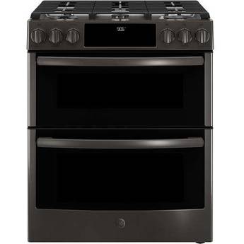 GE Profile 30" Black Stainless Steel Gas Slide-In Sealed Burner Double Oven Range - Convection