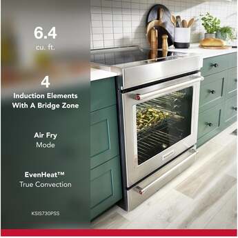 KitchenAid 30 Inch Slide-In Induction Range with 4 Elements, 6.4 cu. ft. Even-Heat™ True Convection Oven, Bridge Zone, Storage Drawer, Air Fry, Steam Bake, AquaLift® Self-Clean, and ADA Compliant: Stainless Steel — thumbnail 5