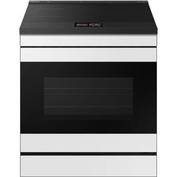 Samsung 30 Inch Slide-In Induction Smart Range with 4 Elements, 6.3 cu. ft. Convection+ Oven, Sync Burner, Storage Drawer, Air Fry, Sabbath Mode, Self & Steam Clean, ADA Compliant, and ENERGY STAR®: White Glass
