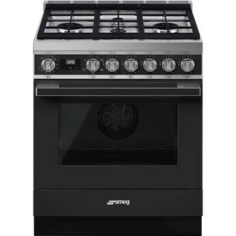 Smeg Portofino 30" Pro-Style Matte Black Natural Gas Sealed Burner Range - Convection