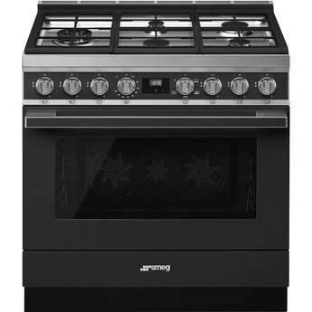 Smeg Portofino Pro-Style 36" Matte Black Slide-In Natural Gas Sealed Burner Range - Convection