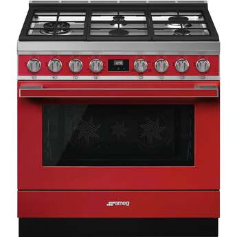 Smeg Portofino Pro-Style 36" Red Slide-In Natural Gas Sealed Burner Range - Convection