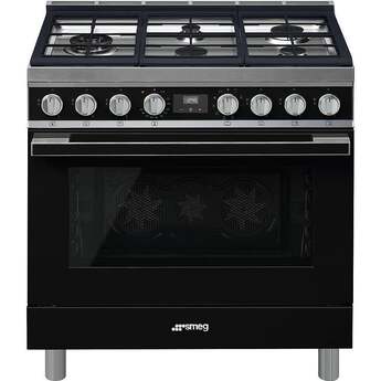 Smeg Portofino Pro Style 36" Black Dual Fuel (Gas) Slide-In Sealed Burner Range - Convection