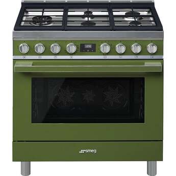 Smeg Portofino Pro Style 36" Olive Green Dual Fuel (Gas) Slide-In Sealed Burner Range - Convection