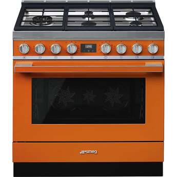 Smeg Portofino Pro Style 36" Orange Dual Fuel (Gas) Slide-In Sealed Burner Range - Convection