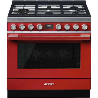 Smeg Portofino Pro Style 36" Red Dual Fuel (Gas) Slide-In Sealed Burner Range - Convection