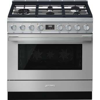 Smeg Portofino Pro Style 36" Stainless Steel Dual Fuel (Gas) Slide-In Sealed Burner Range - Convection