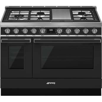 Smeg Portofino Pro-Style 48" Matte Black Slide-In Dual Fuel (Natural Gas) Sealed Burner Double Oven Range with Griddle - Convection