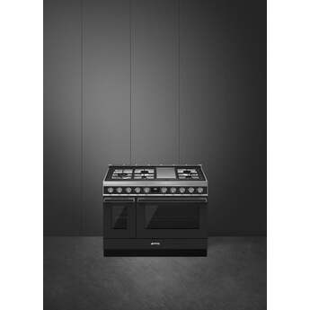 Smeg Portofino Pro-Style 48" Matte Black Slide-In Dual Fuel (Natural Gas) Sealed Burner Double Oven Range with Griddle - Convection — thumbnail 2